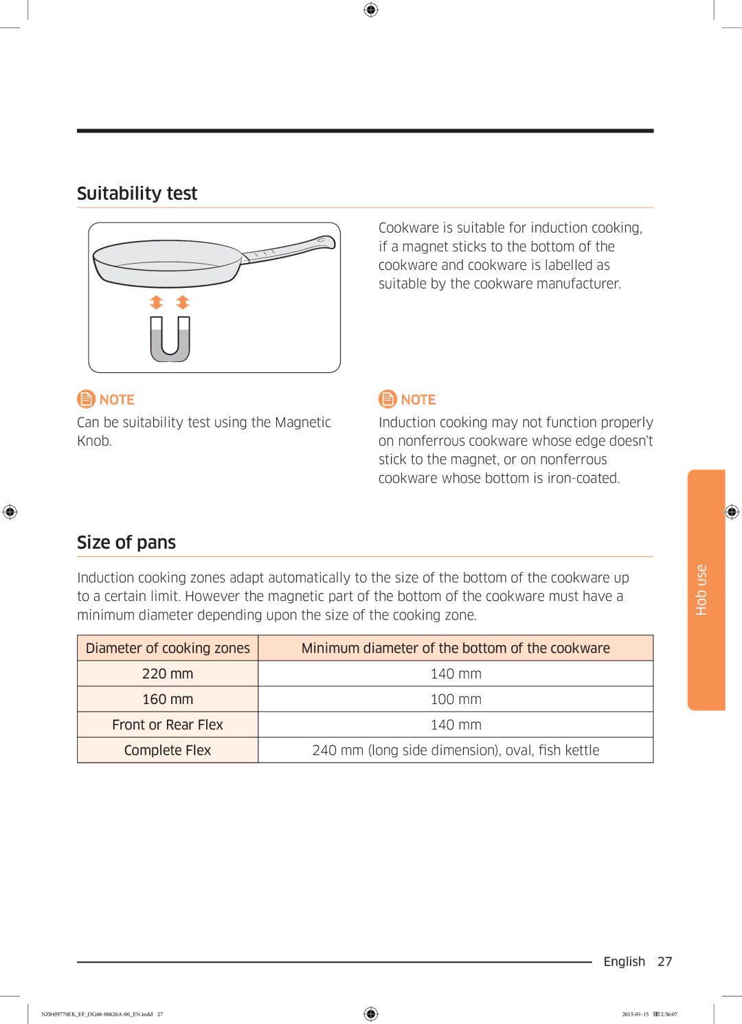 Samsung NZ84J9770EK/EF manual Suitability test, Size of pans 