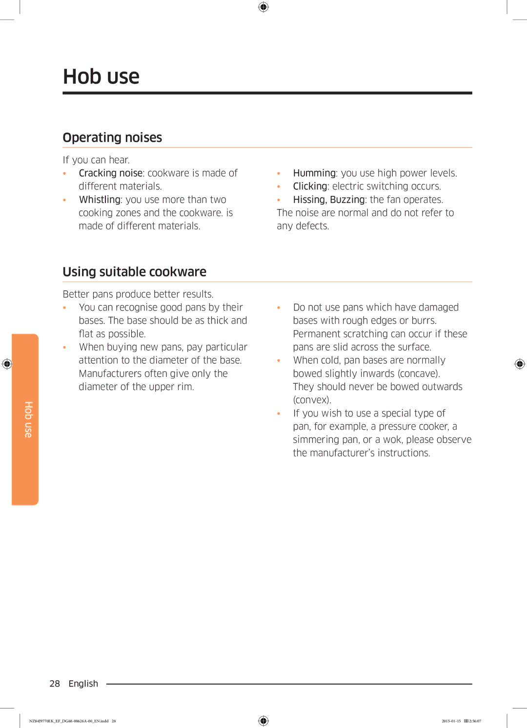 Samsung NZ84J9770EK/EF manual Operating noises, Using suitable cookware 