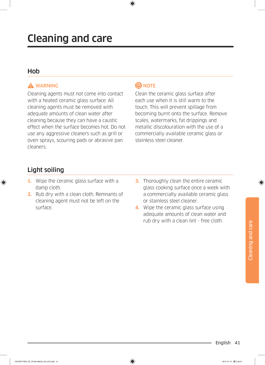 Samsung NZ84J9770EK/EF manual Cleaning and care, Hob, Light soiling 