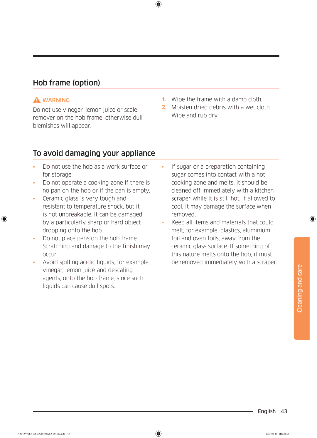 Samsung NZ84J9770EK/EF manual Hob frame option, To avoid damaging your appliance 