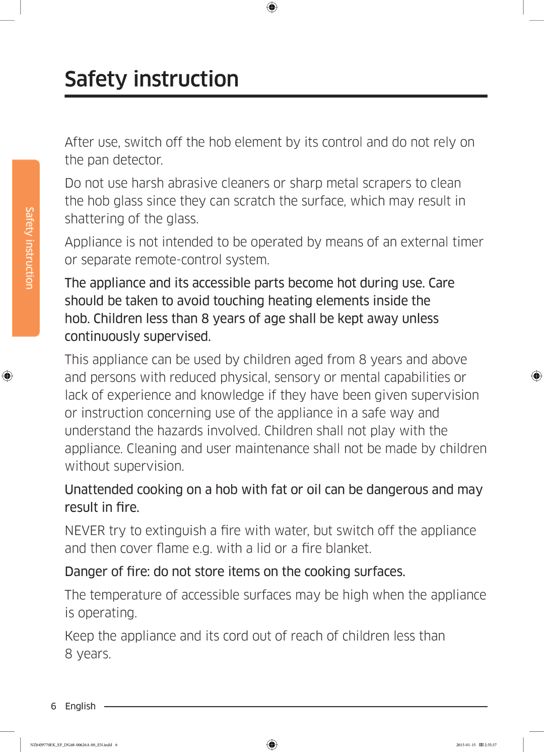 Samsung NZ84J9770EK/EF manual Safety instruction 