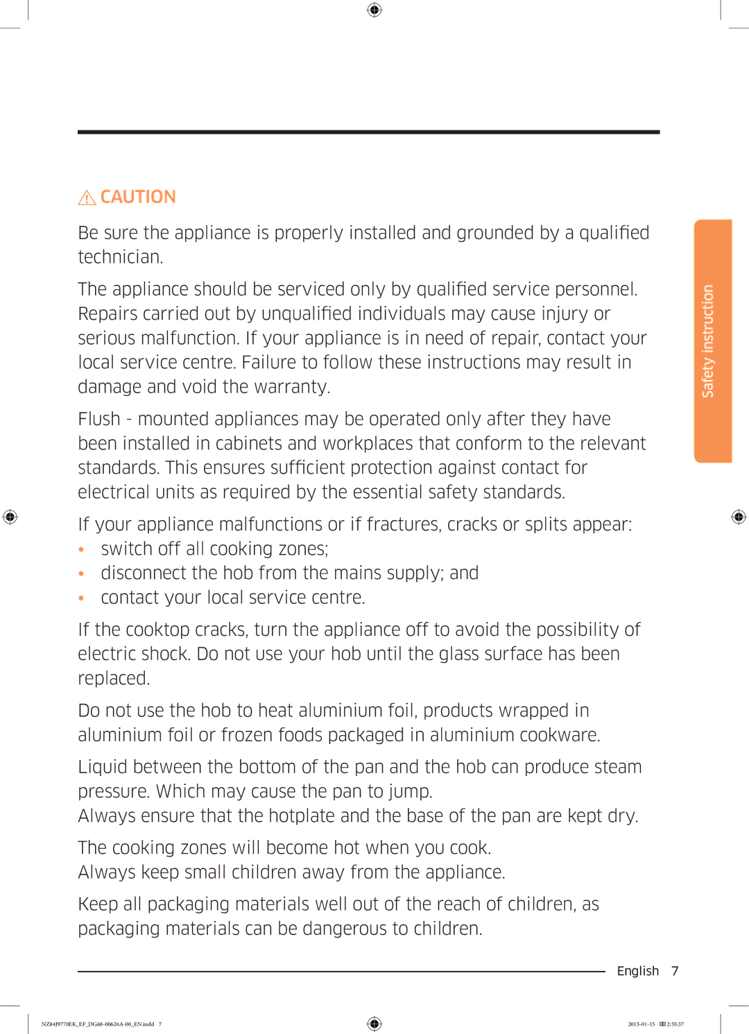 Samsung NZ84J9770EK/EF manual Safety instruction 