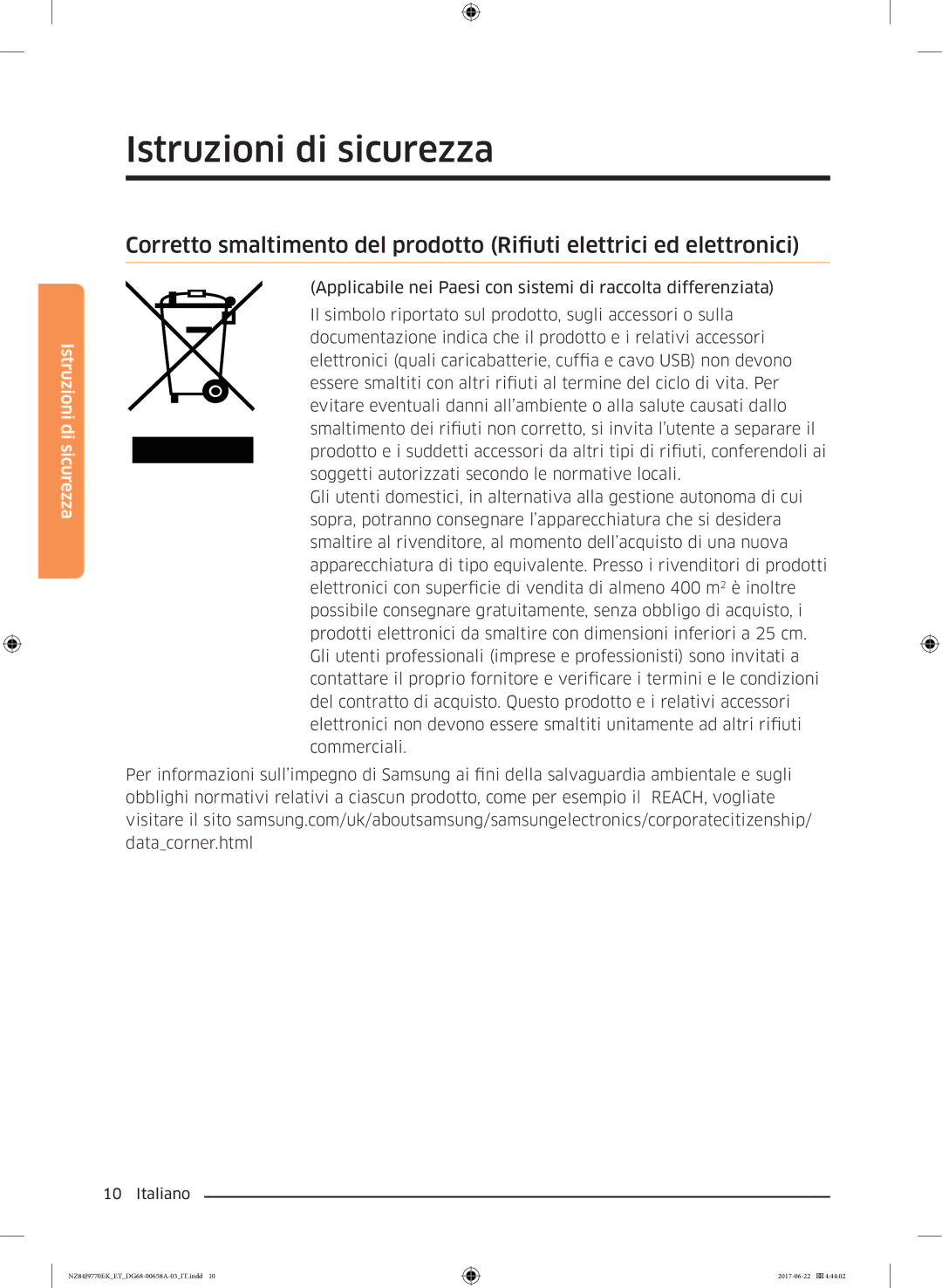 Samsung NZ84J9770EK/ET manual Istruzioni di sicurezza 