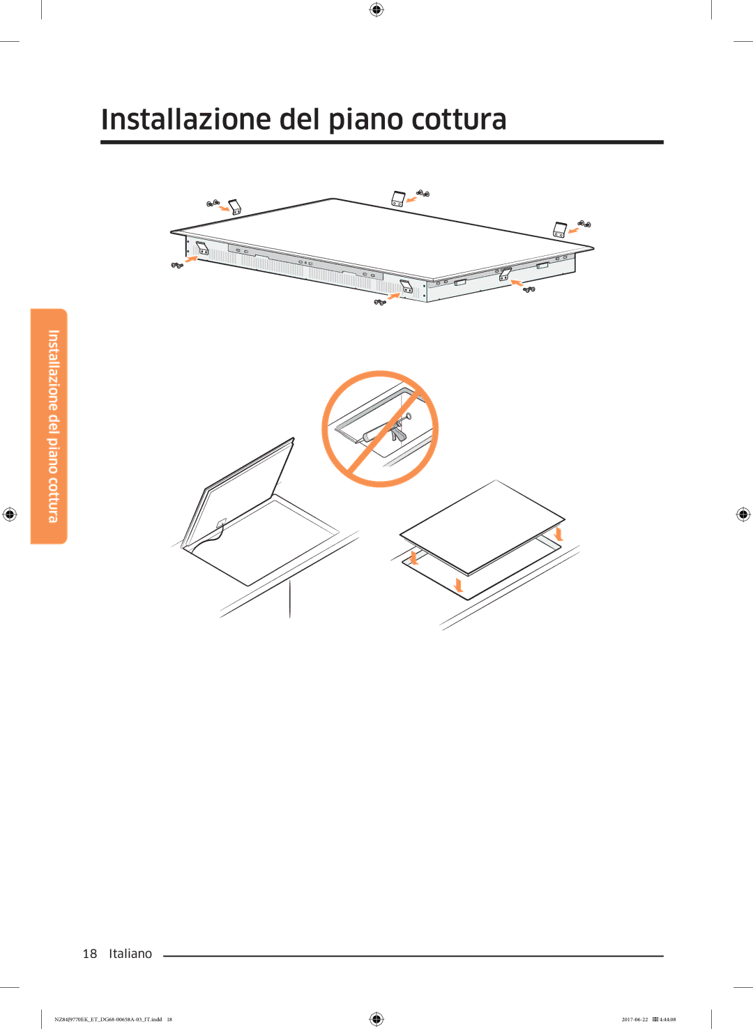 Samsung NZ84J9770EK/ET manual Installazione del piano cottura 