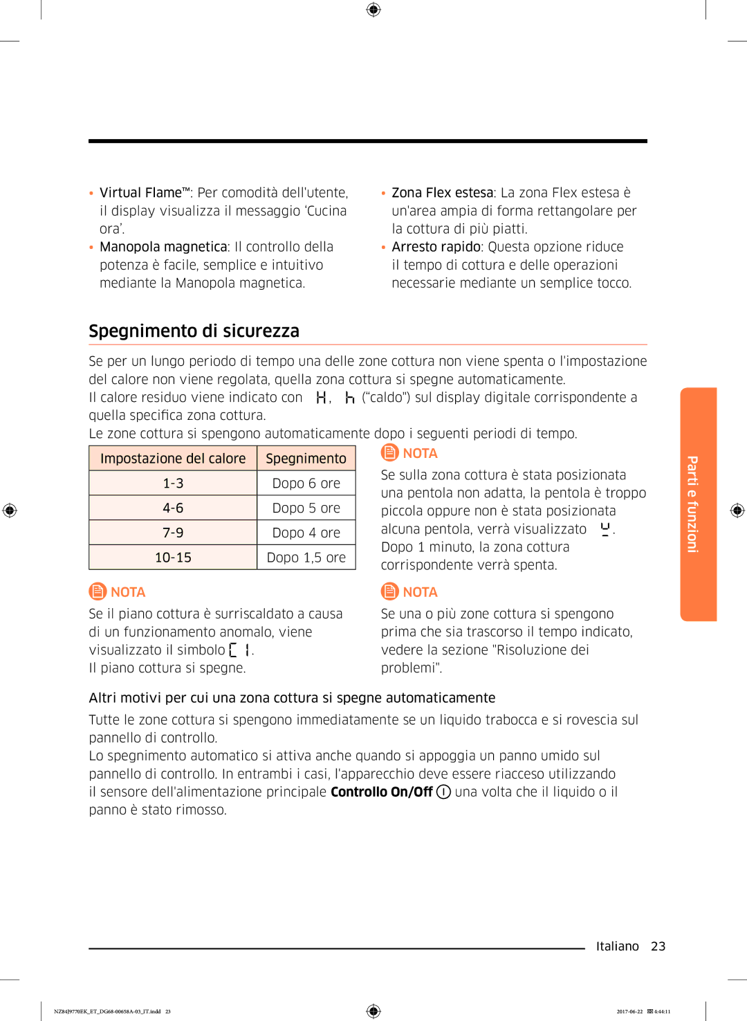 Samsung NZ84J9770EK/ET manual Spegnimento di sicurezza 