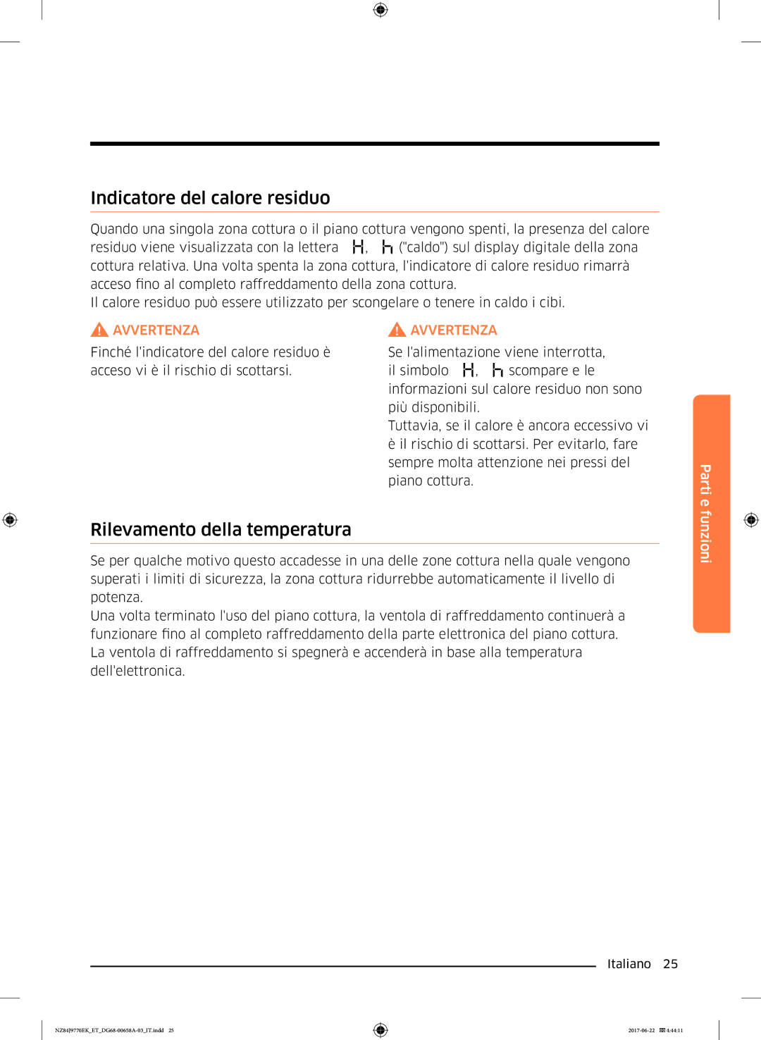 Samsung NZ84J9770EK/ET manual Indicatore del calore residuo, Rilevamento della temperatura 