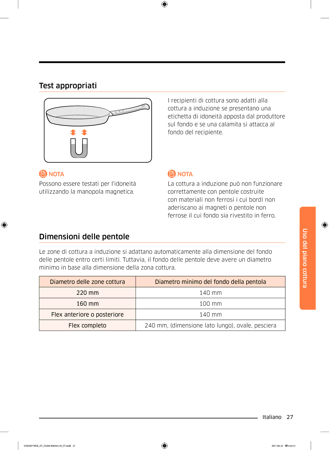 Samsung NZ84J9770EK/ET manual Test appropriati, Dimensioni delle pentole 