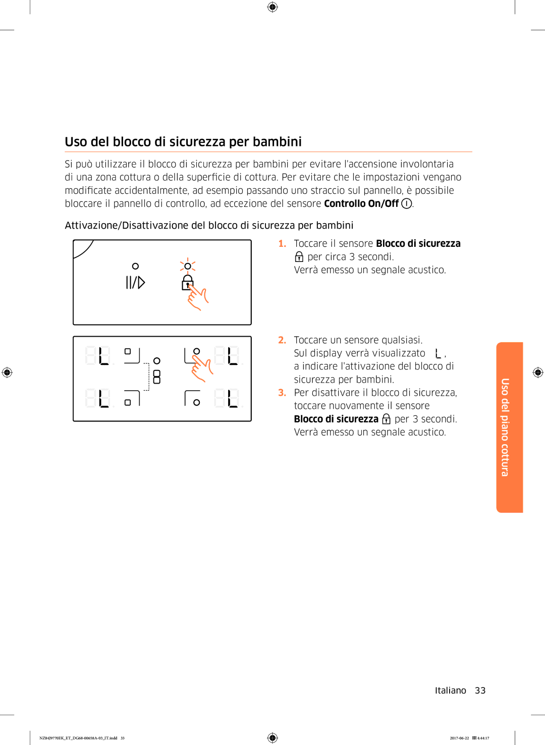 Samsung NZ84J9770EK/ET manual Uso del blocco di sicurezza per bambini, Blocco di sicurezza 