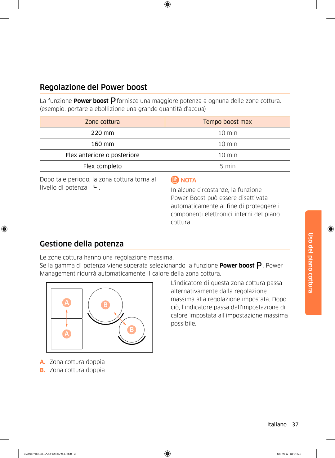 Samsung NZ84J9770EK/ET manual Regolazione del Power boost, Gestione della potenza 