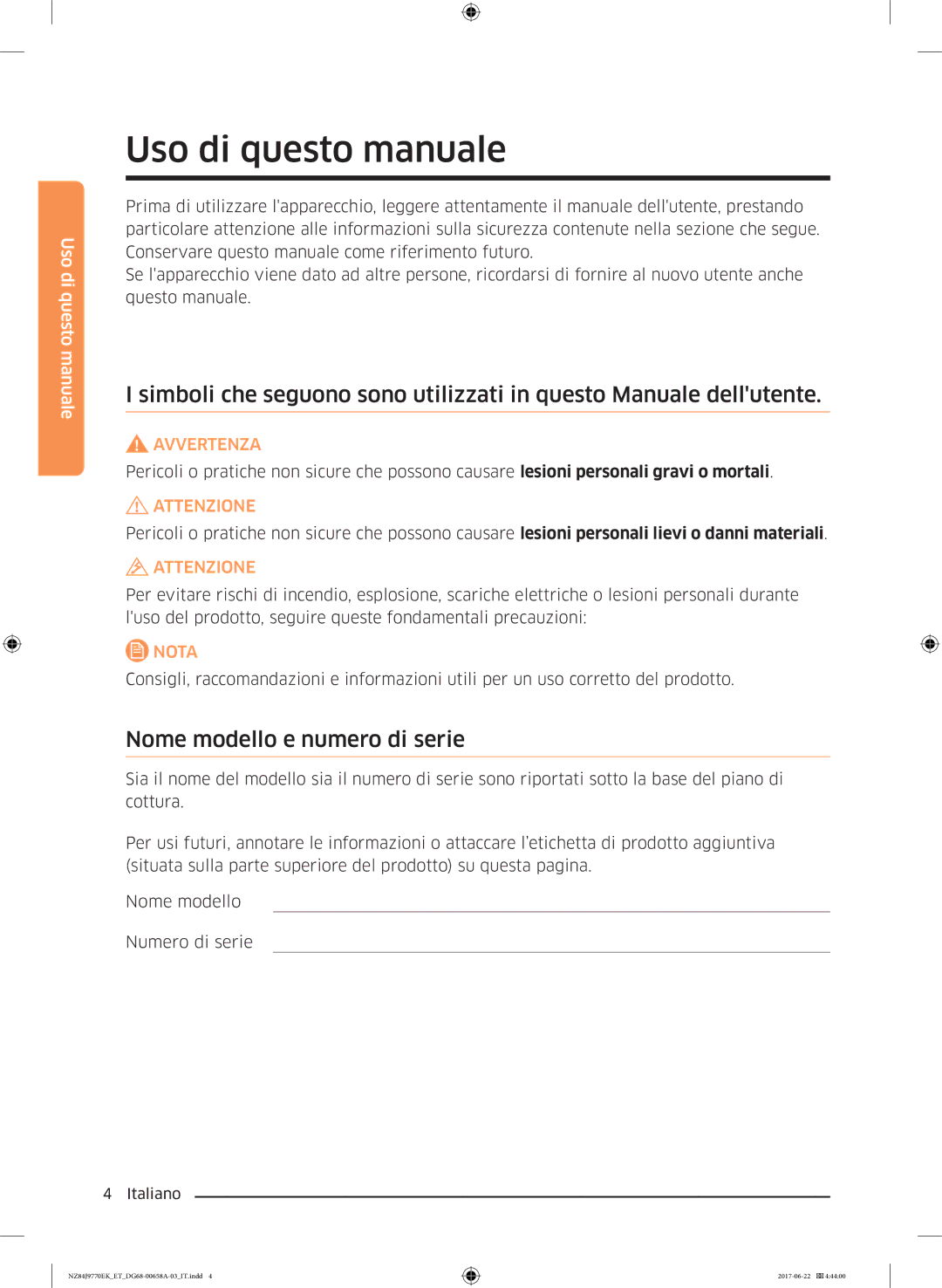 Samsung NZ84J9770EK/ET Uso di questo manuale, Nome modello e numero di serie 