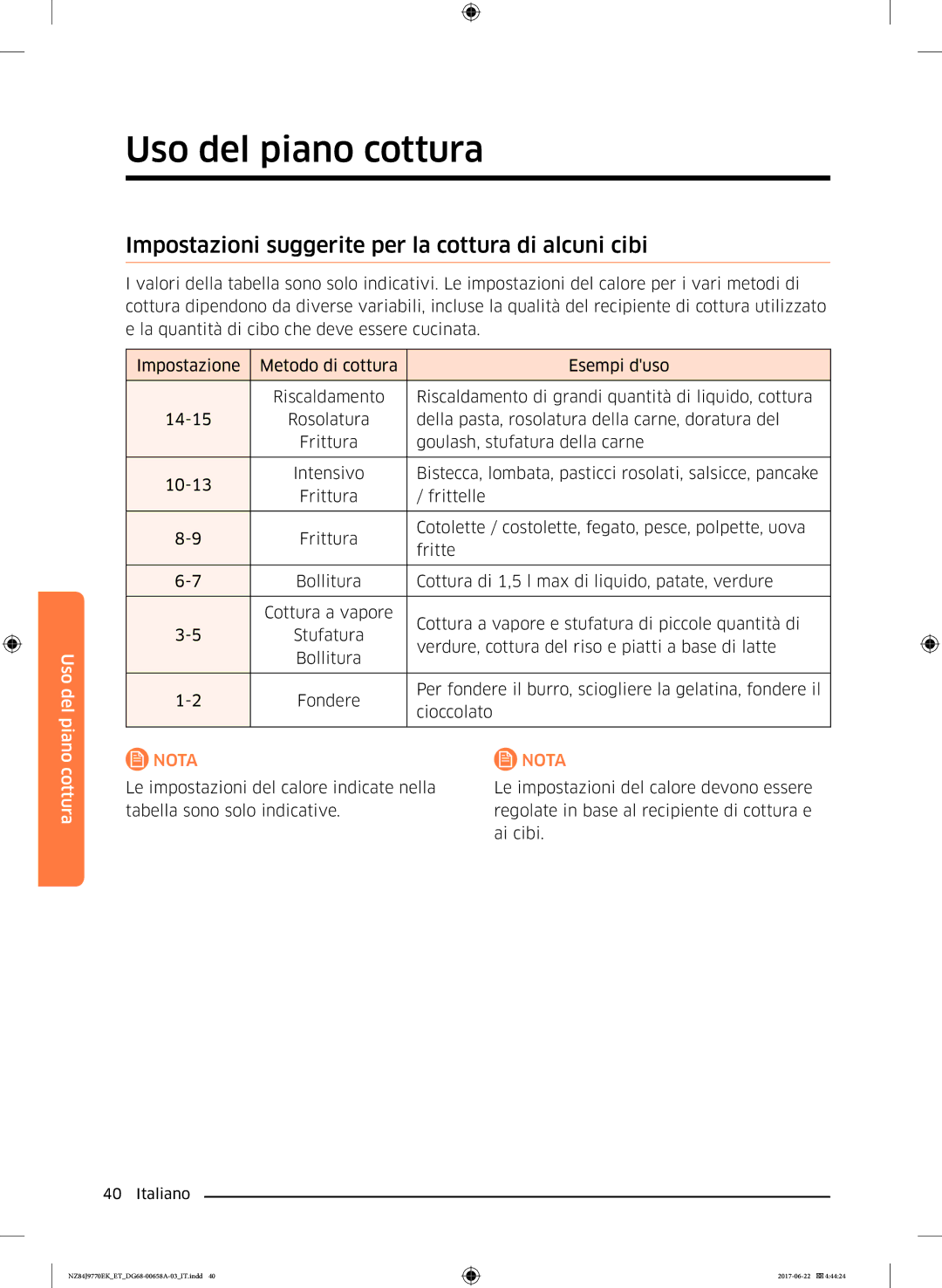 Samsung NZ84J9770EK/ET manual Impostazioni suggerite per la cottura di alcuni cibi 