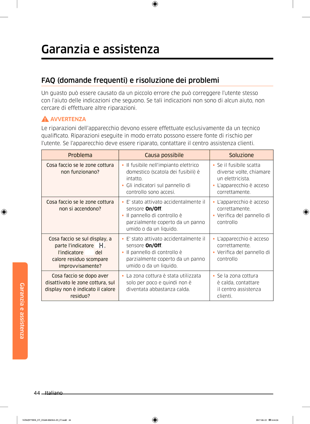 Samsung NZ84J9770EK/ET manual Garanzia e assistenza, FAQ domande frequenti e risoluzione dei problemi 