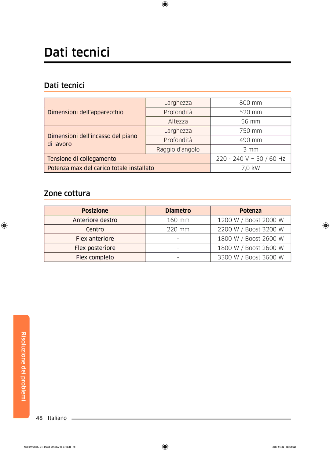 Samsung NZ84J9770EK/ET manual Dati tecnici 