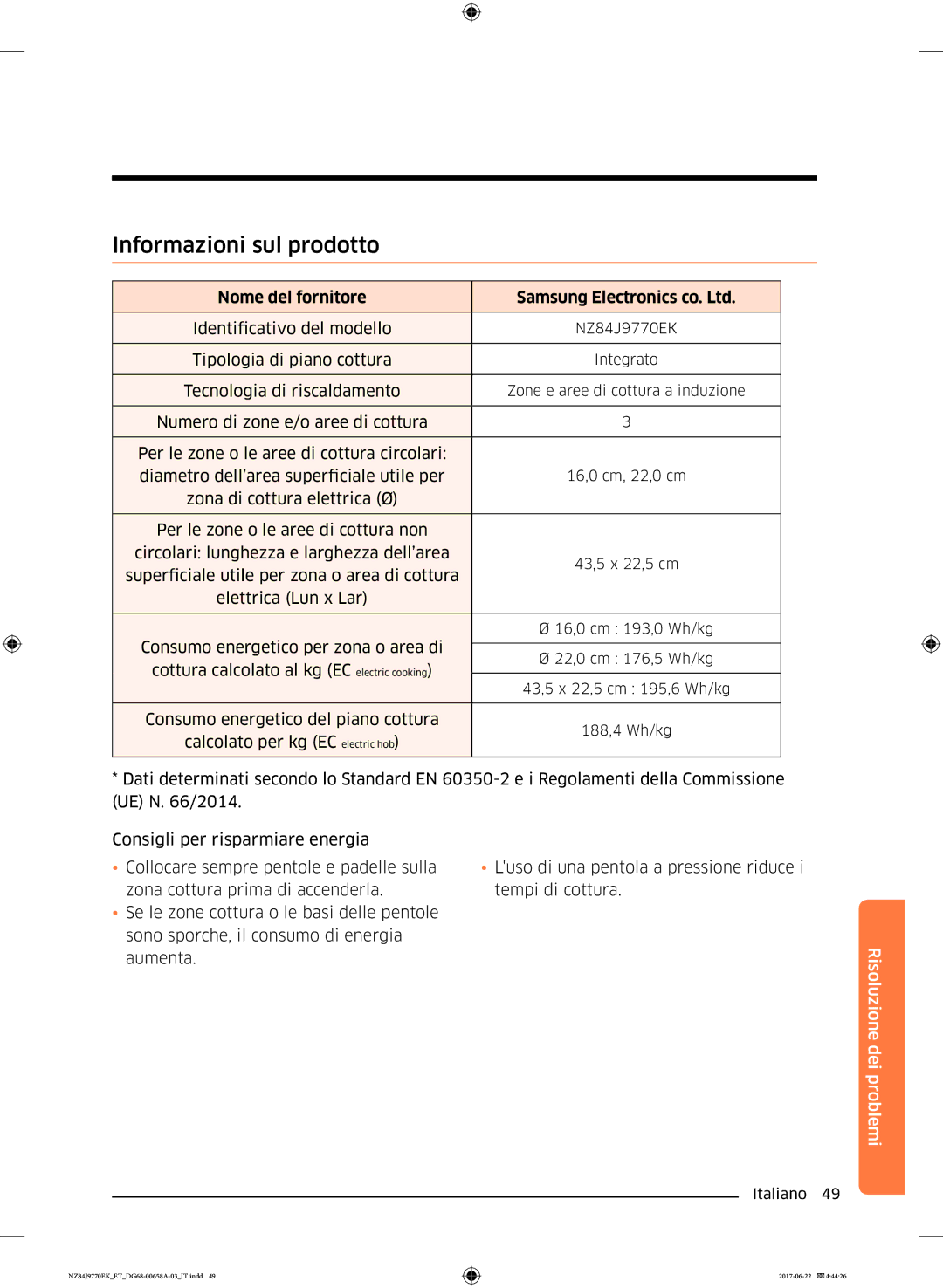 Samsung NZ84J9770EK/ET manual Informazioni sul prodotto, Nome del fornitore 