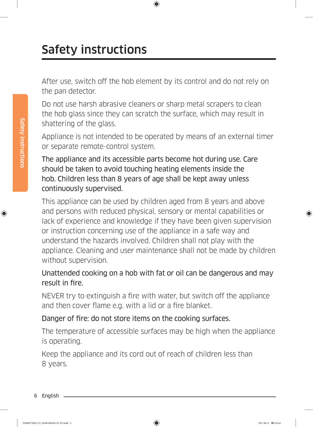 Samsung NZ84J9770EK/ET manual Safety instructions 