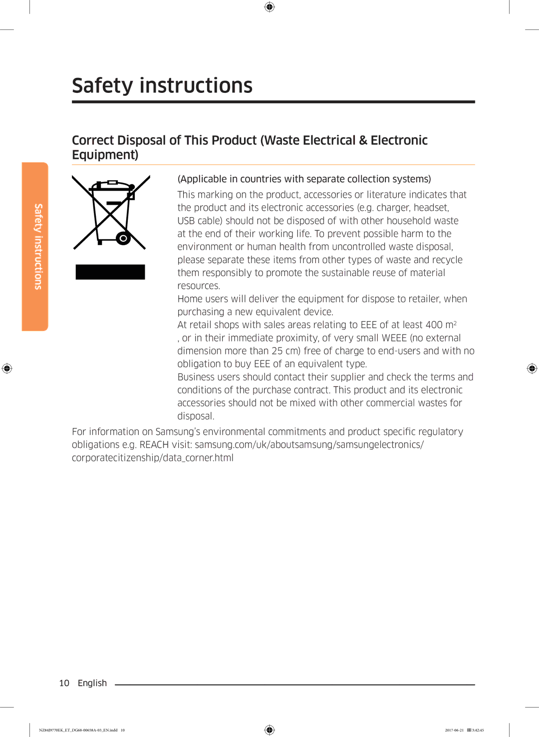 Samsung NZ84J9770EK/ET manual Safety instructions 