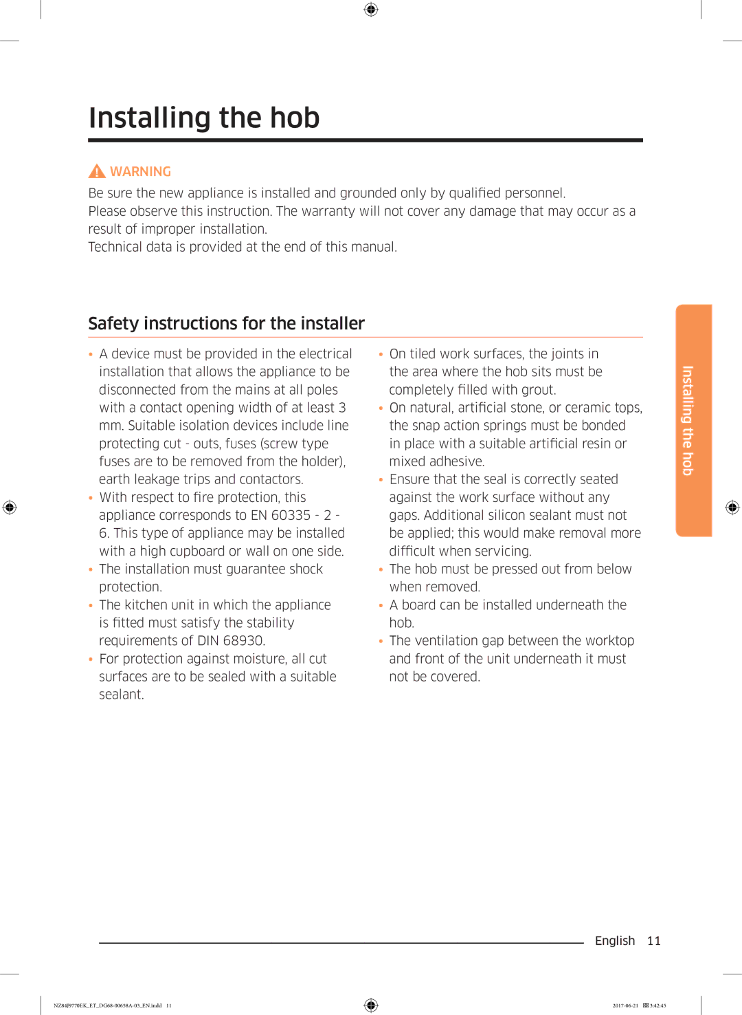 Samsung NZ84J9770EK/ET manual Installing the hob, Safety instructions for the installer 