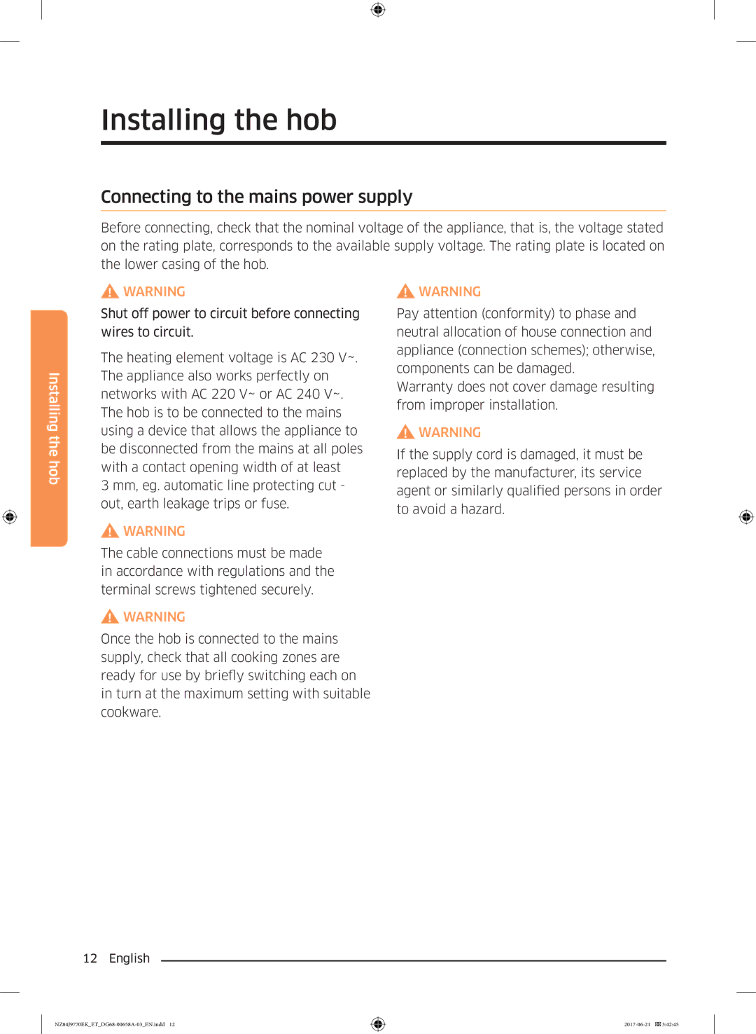 Samsung NZ84J9770EK/ET manual Connecting to the mains power supply 