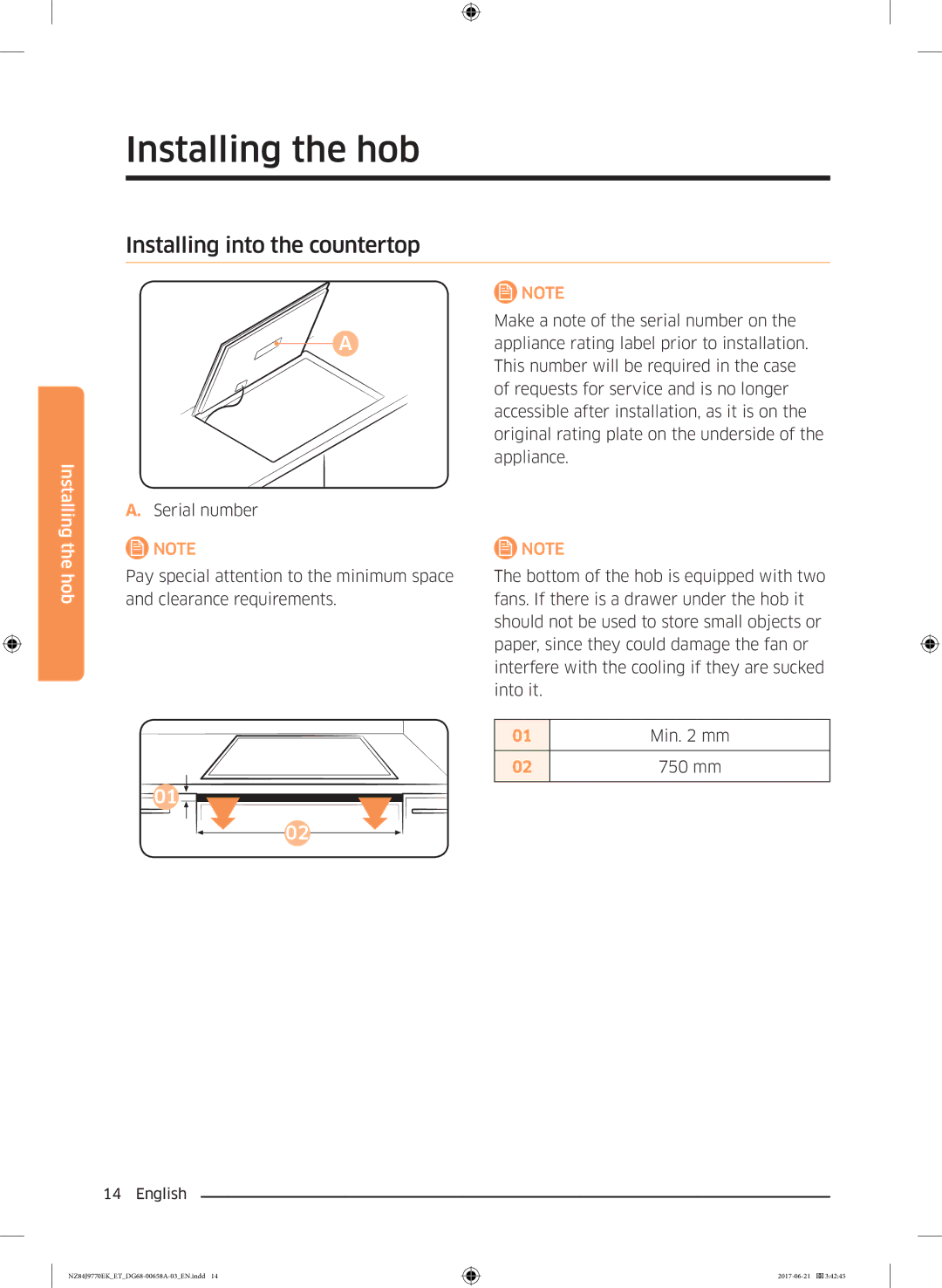 Samsung NZ84J9770EK/ET manual Installing into the countertop 