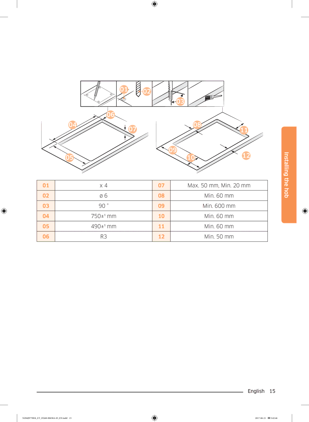 Samsung NZ84J9770EK/ET manual Installing the hob 