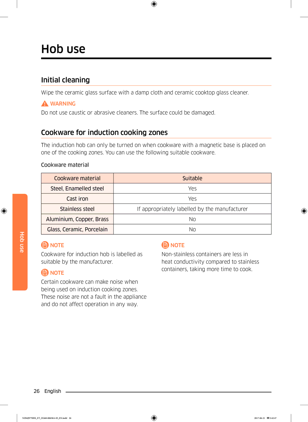 Samsung NZ84J9770EK/ET manual Hob use, Initial cleaning, Cookware for induction cooking zones 