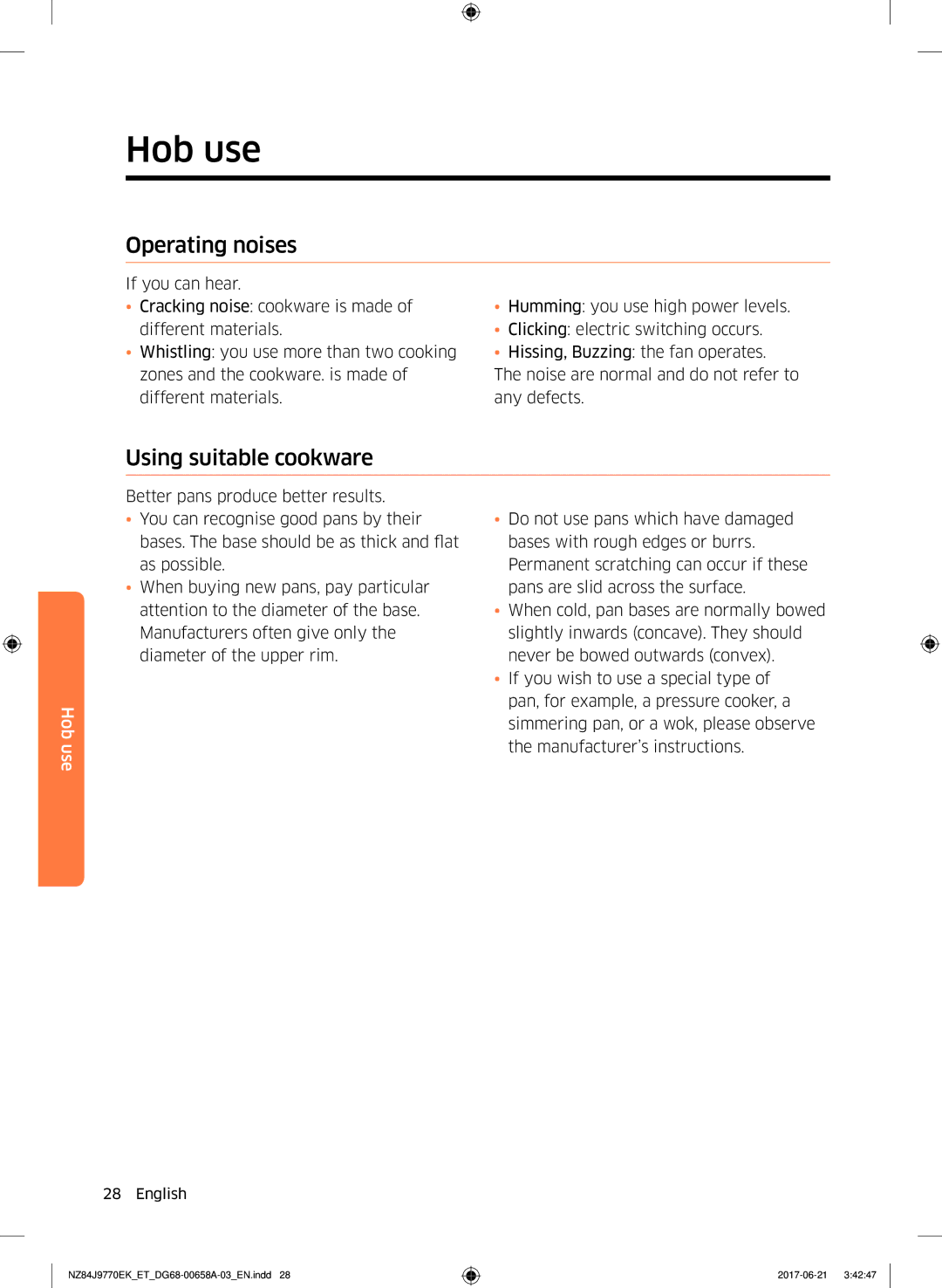 Samsung NZ84J9770EK/ET manual Operating noises, Using suitable cookware 