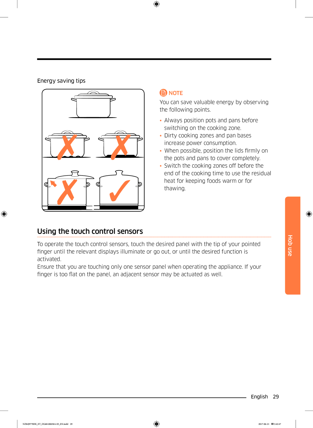 Samsung NZ84J9770EK/ET manual Using the touch control sensors 