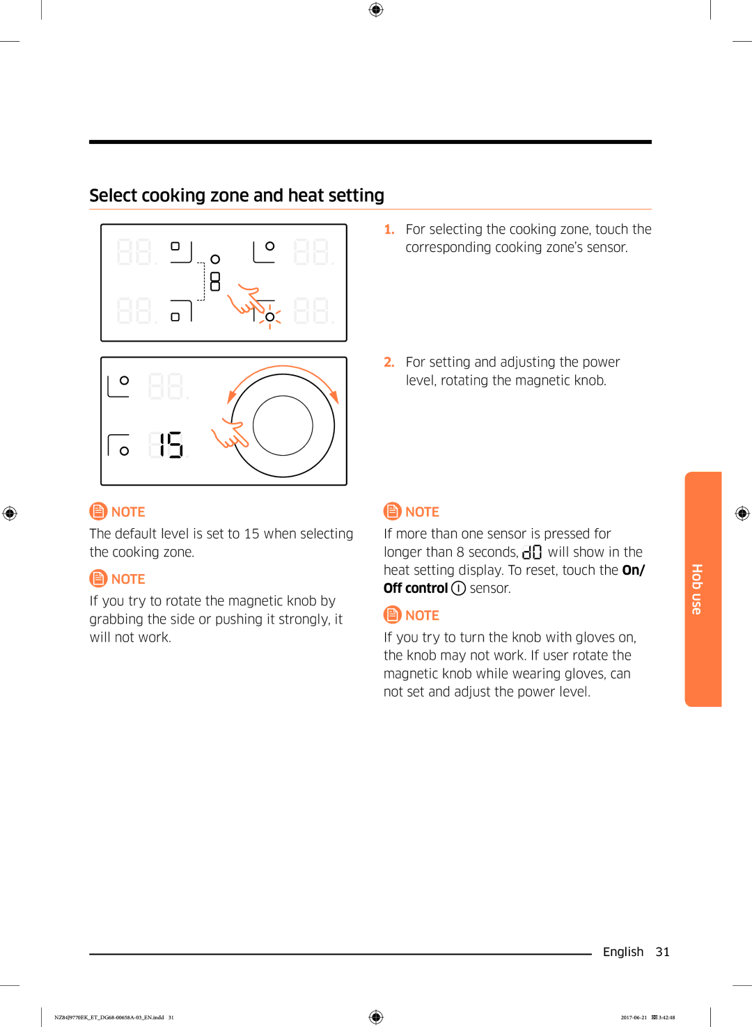 Samsung NZ84J9770EK/ET manual Select cooking zone and heat setting 