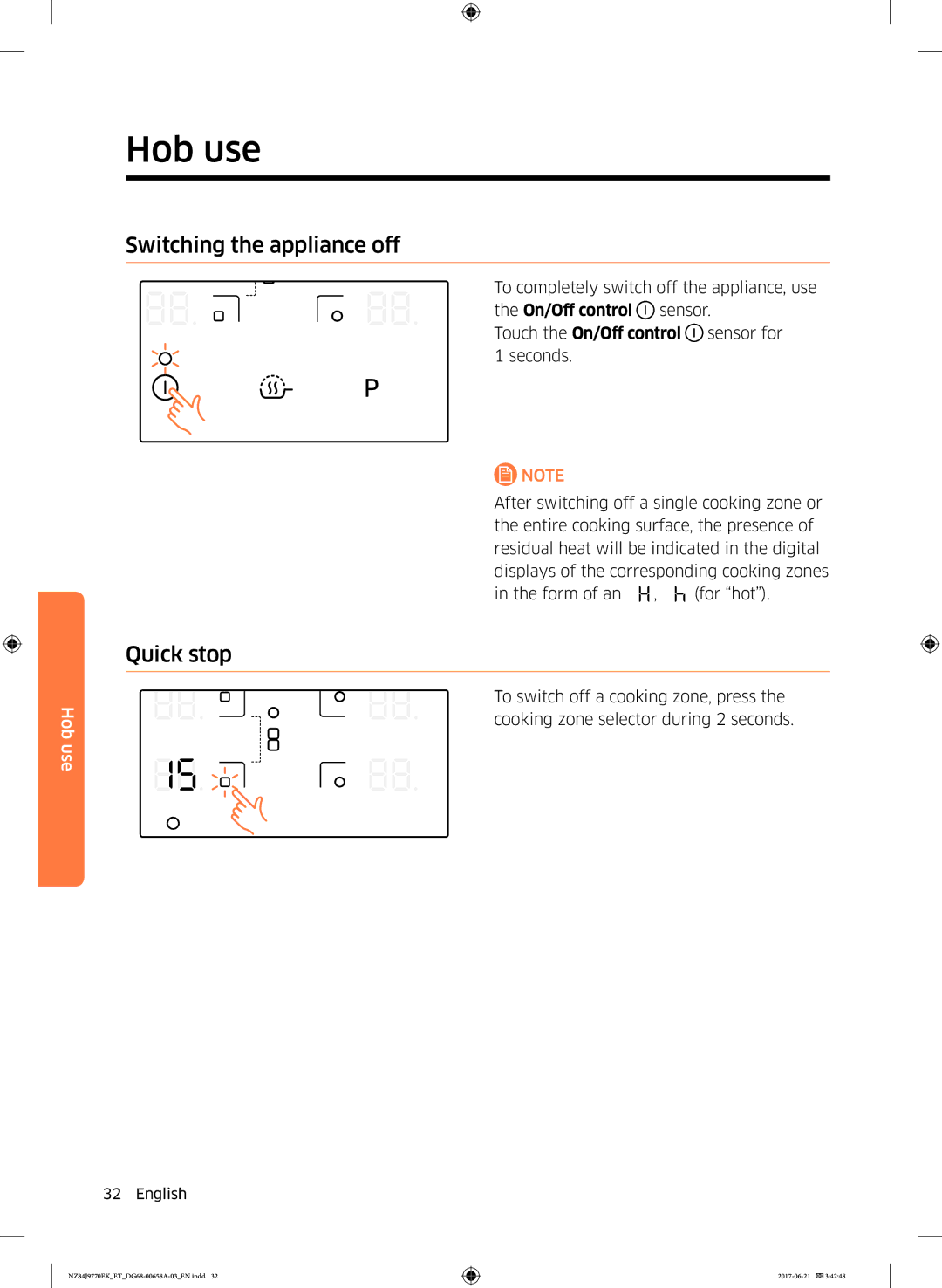 Samsung NZ84J9770EK/ET manual Switching the appliance off, Quick stop 