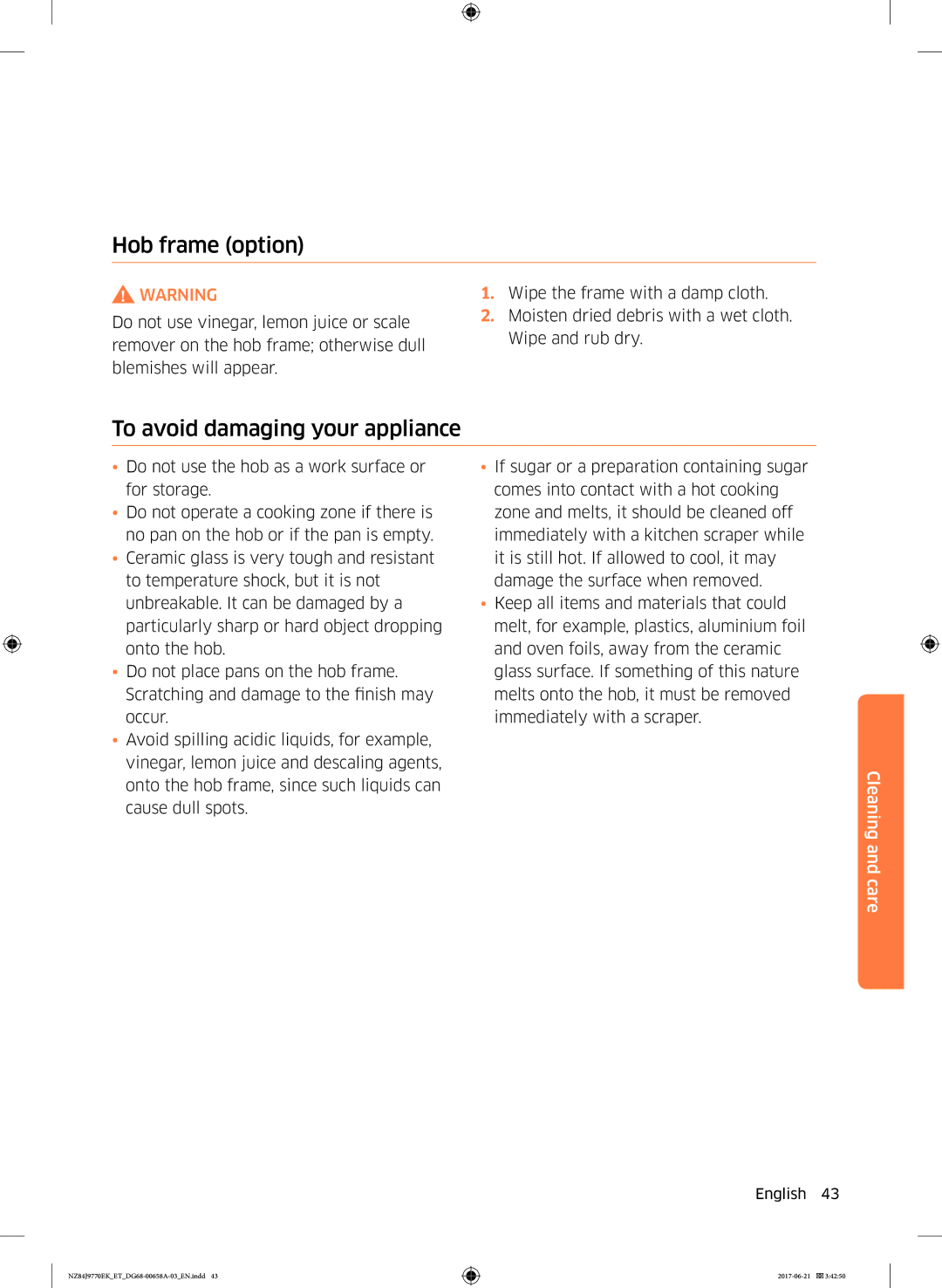 Samsung NZ84J9770EK/ET manual Hob frame option, To avoid damaging your appliance 