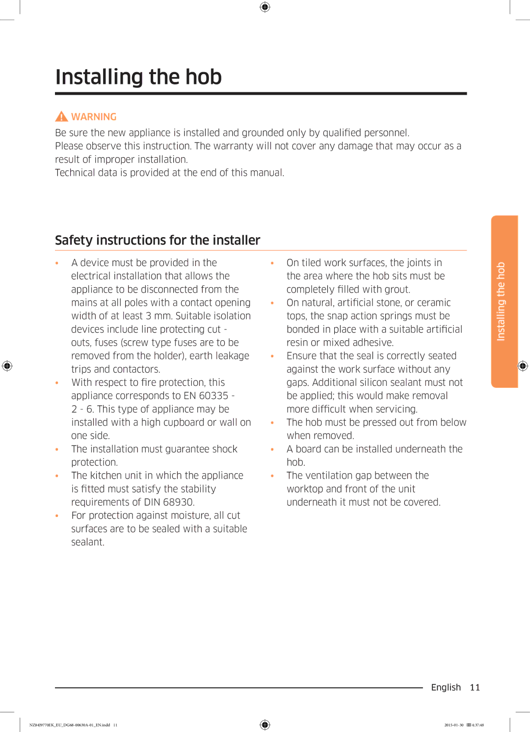 Samsung NZ84J9770EK/EU manual Installing the hob, Safety instructions for the installer 