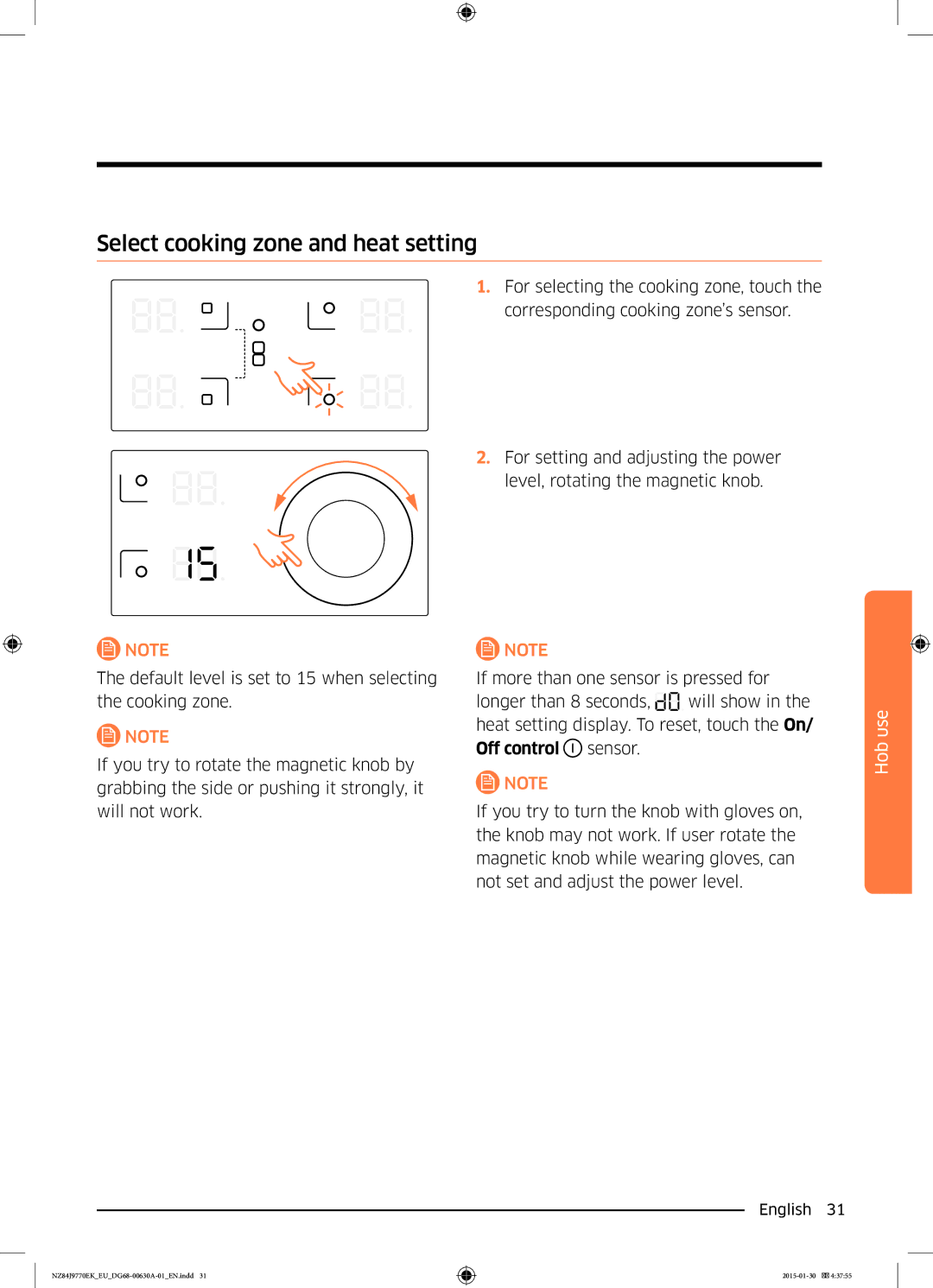 Samsung NZ84J9770EK/EU manual Select cooking zone and heat setting, Off control 