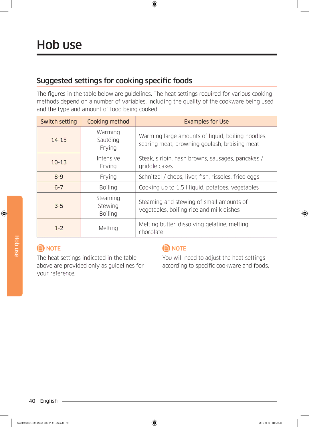 Samsung NZ84J9770EK/EU manual Suggested settings for cooking specific foods 