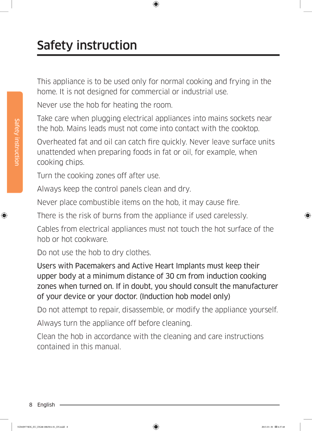 Samsung NZ84J9770EK/EU manual Safety instruction 