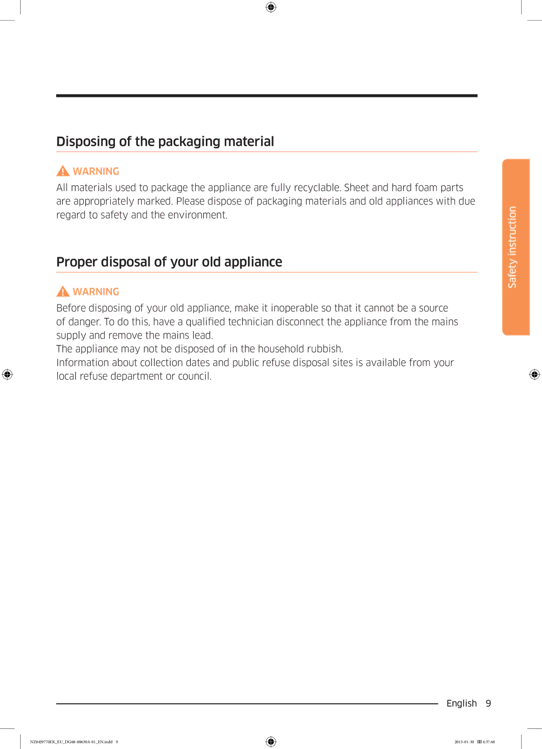 Samsung NZ84J9770EK/EU manual Disposing of the packaging material, Proper disposal of your old appliance 