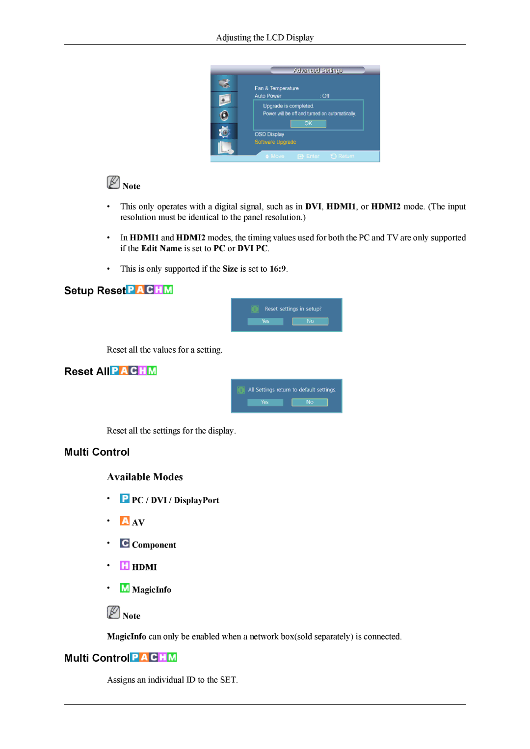 Samsung OL46B specifications Setup Reset, Reset All, Multi Control 