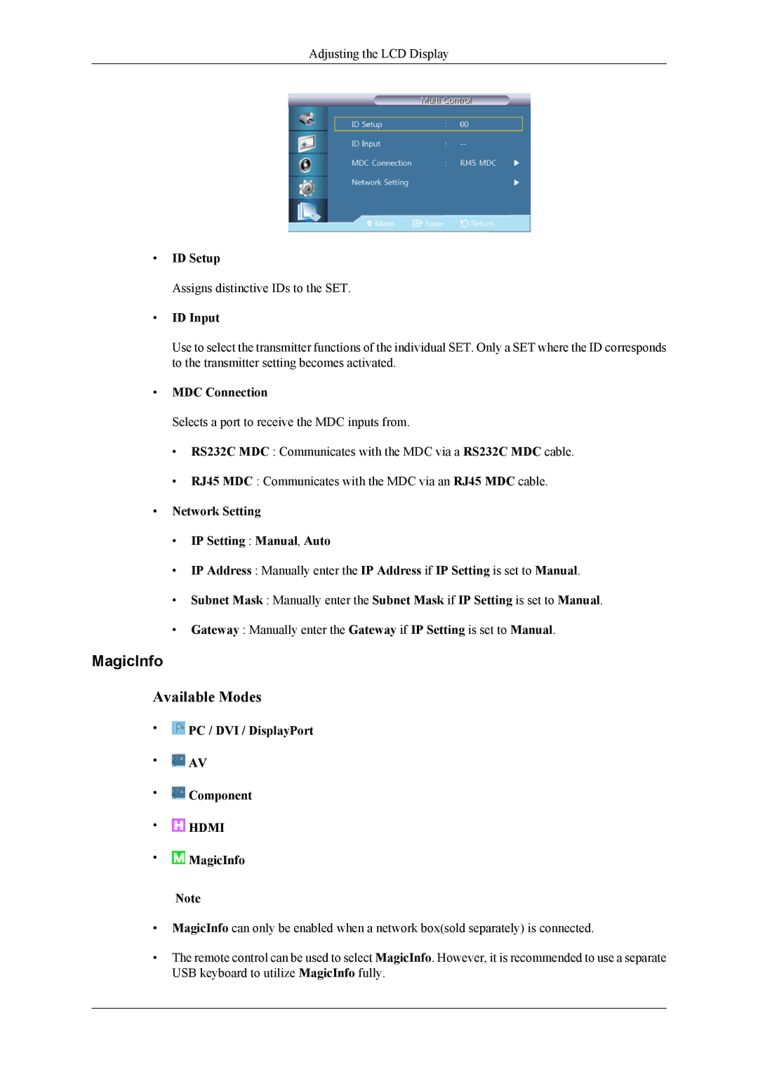 Samsung OL46B specifications MagicInfo, ID Setup, ID Input, MDC Connection 