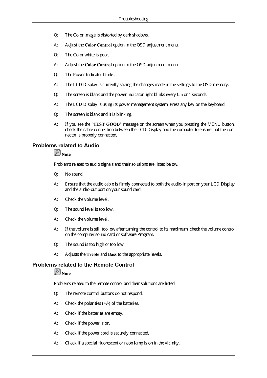 Samsung OL46B specifications Problems related to Audio, Problems related to the Remote Control 