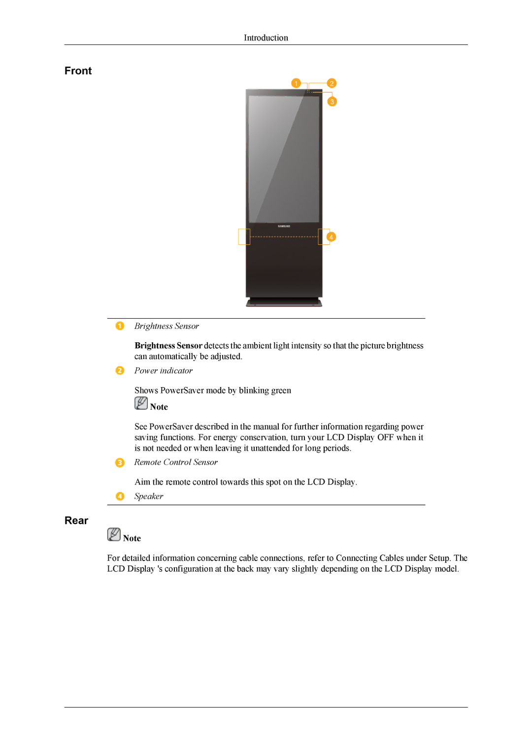 Samsung OL46B specifications Front, Rear 