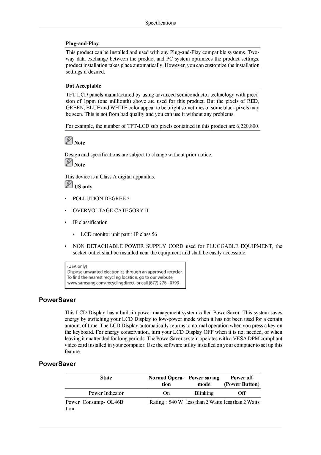 Samsung OL46B specifications PowerSaver, Plug-and-Play, Dot Acceptable, US only 