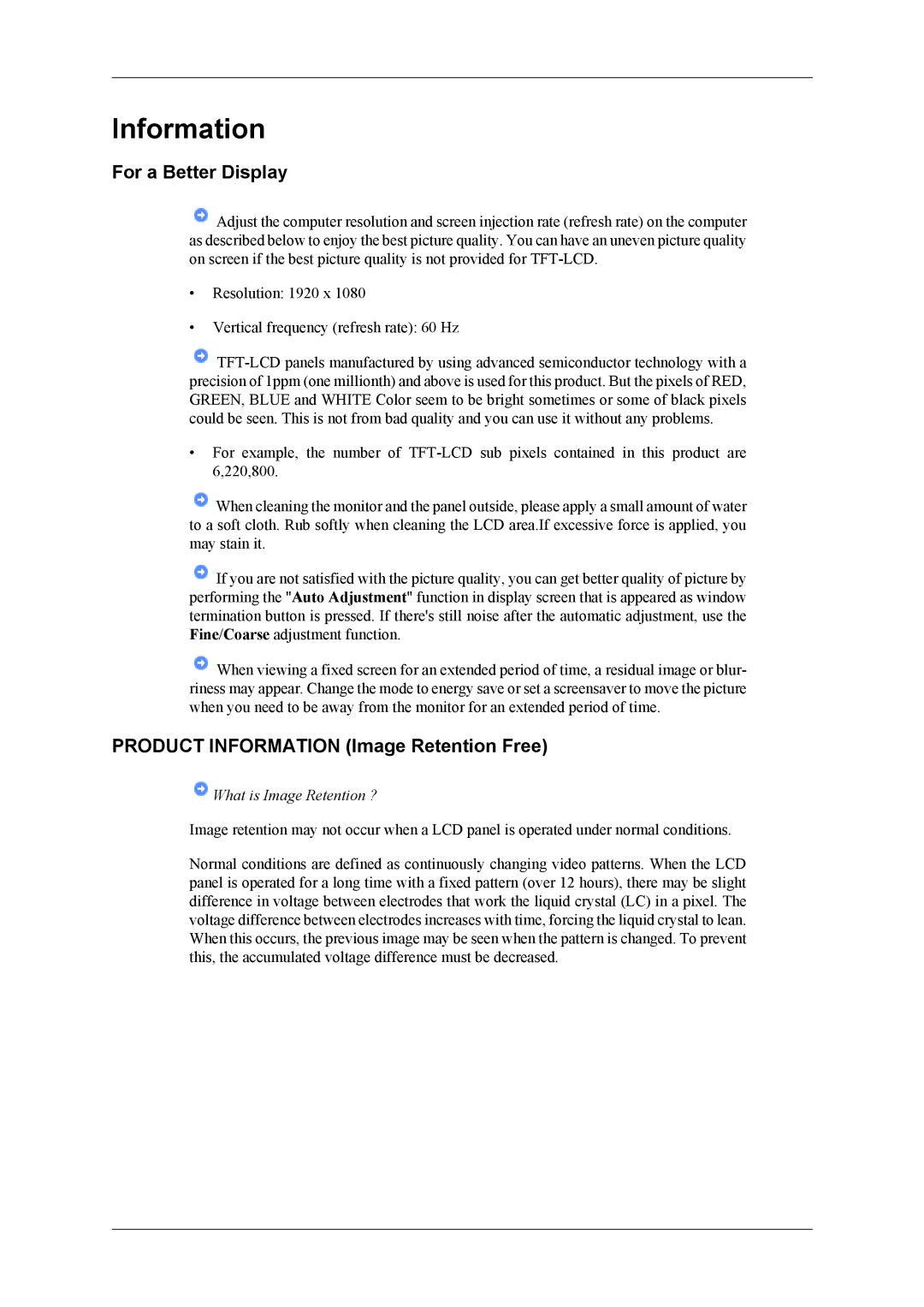 Samsung OL46B specifications For a Better Display, Product Information Image Retention Free 