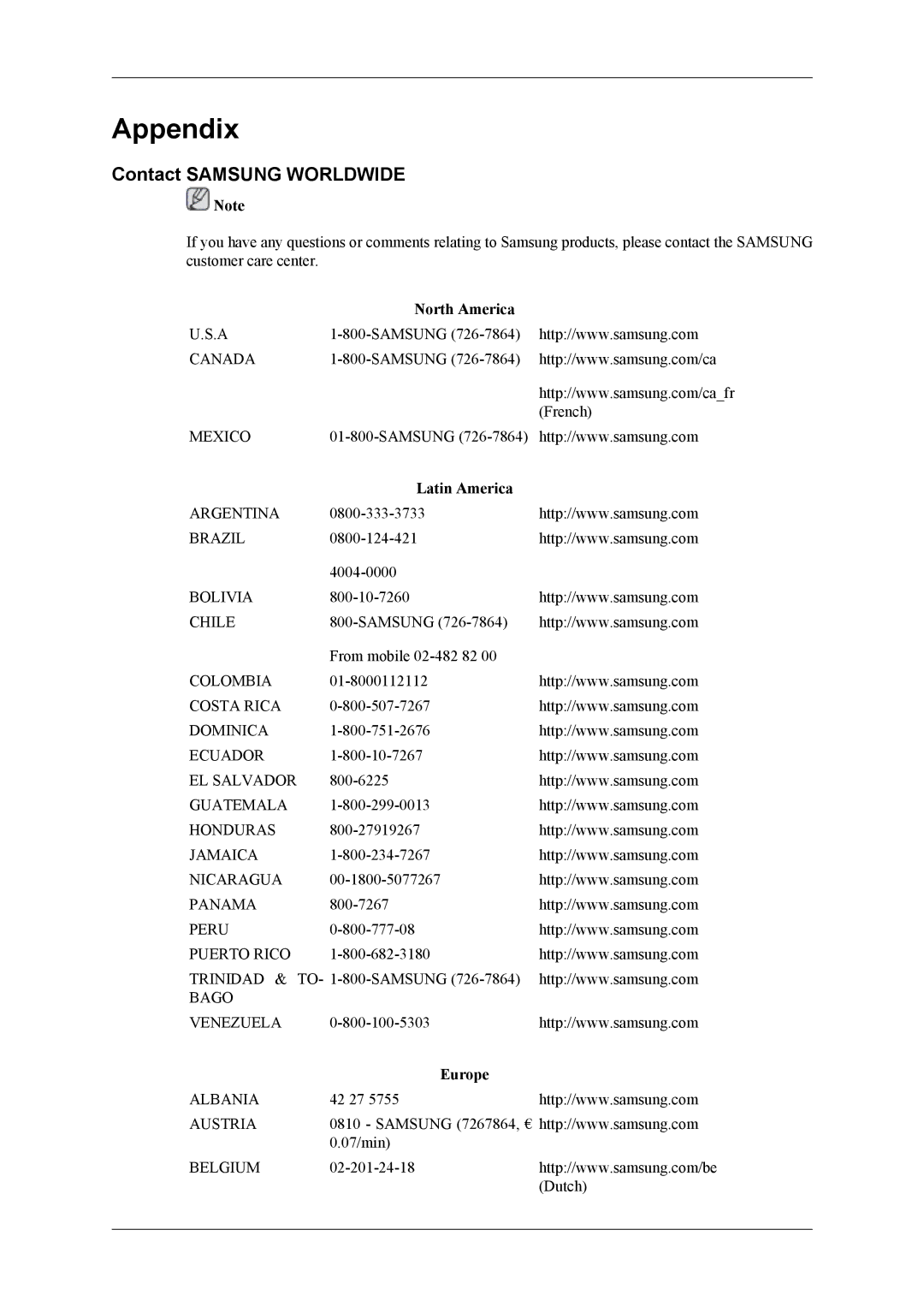 Samsung OL46B specifications Contact Samsung Worldwide, North America, Latin America, Europe 