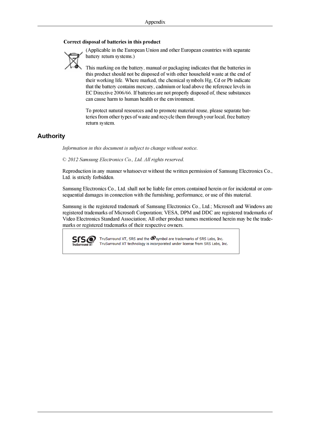 Samsung OL46B specifications Authority, Correct disposal of batteries in this product 