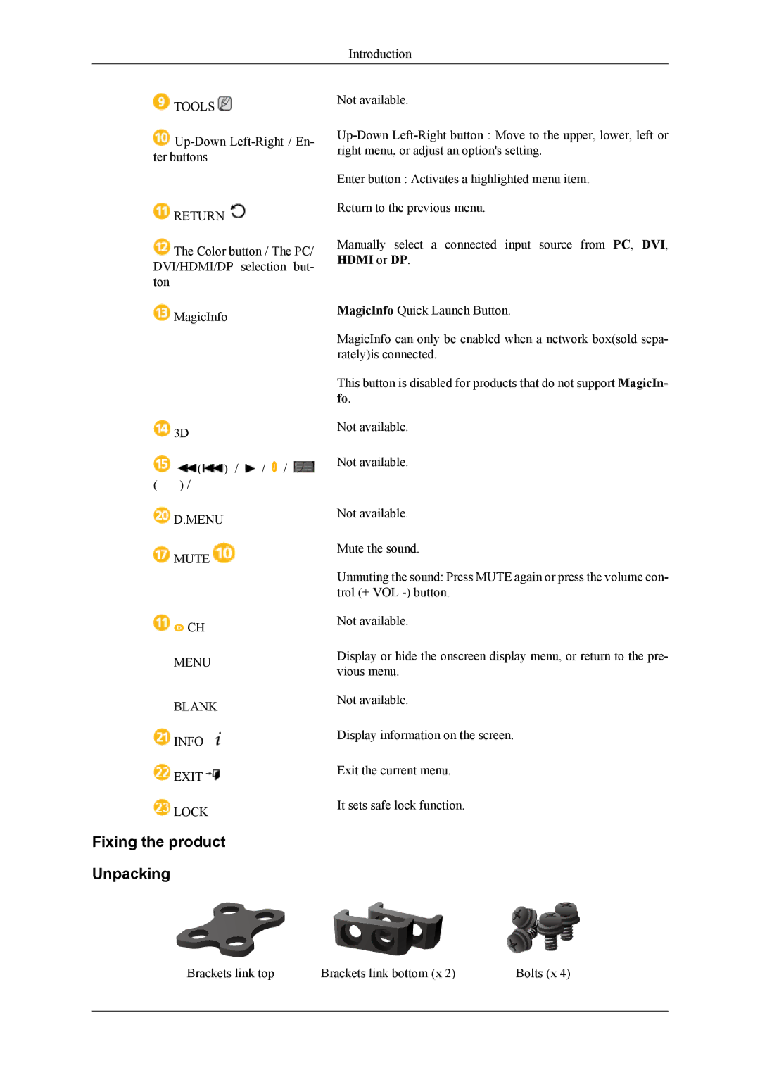 Samsung OL46B specifications Fixing the product Unpacking 