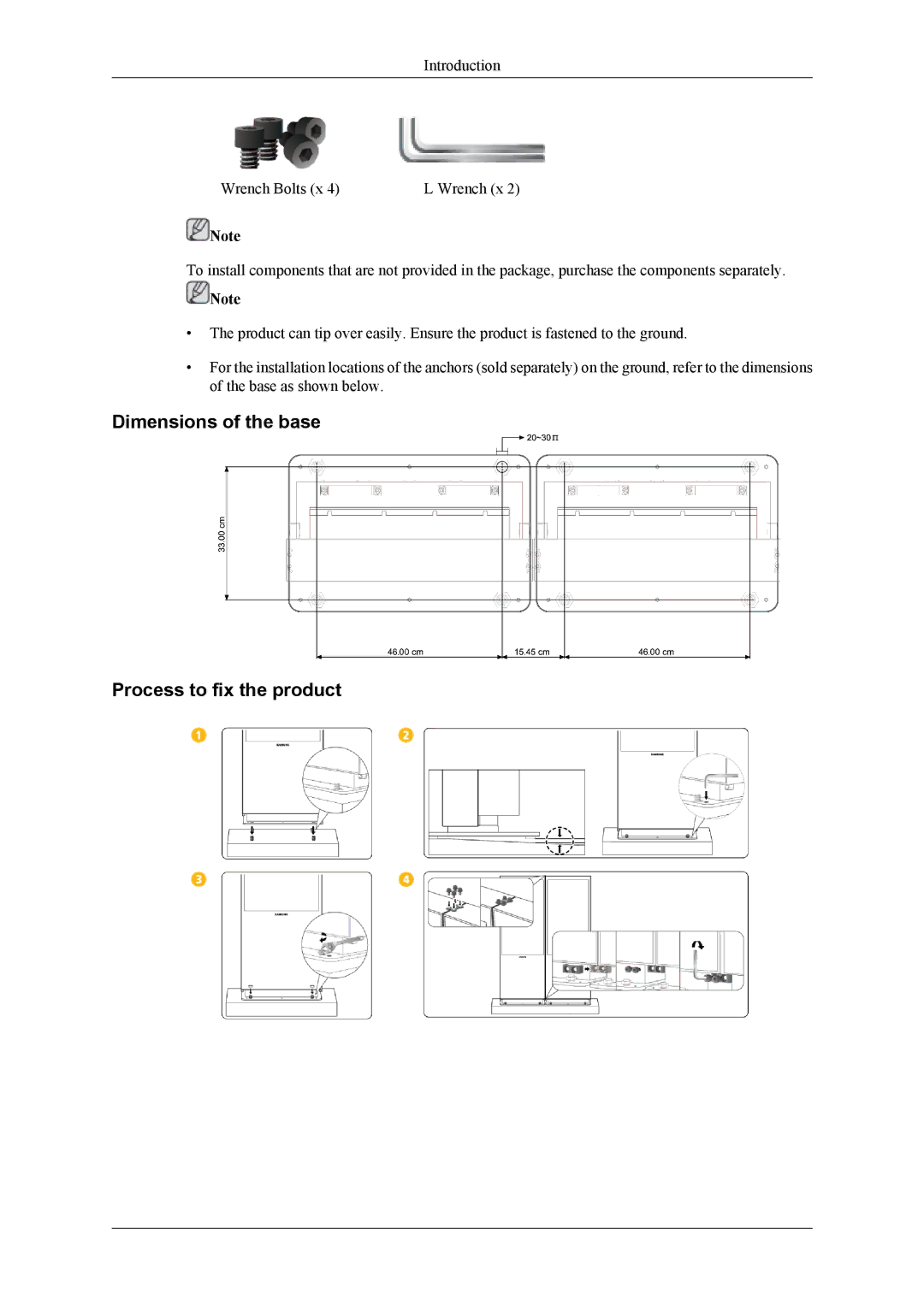 Samsung OL46B specifications Dimensions of the base Process to fix the product 