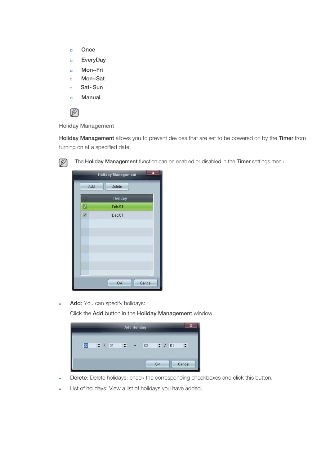 Samsung OL46B specifications Holiday Management 