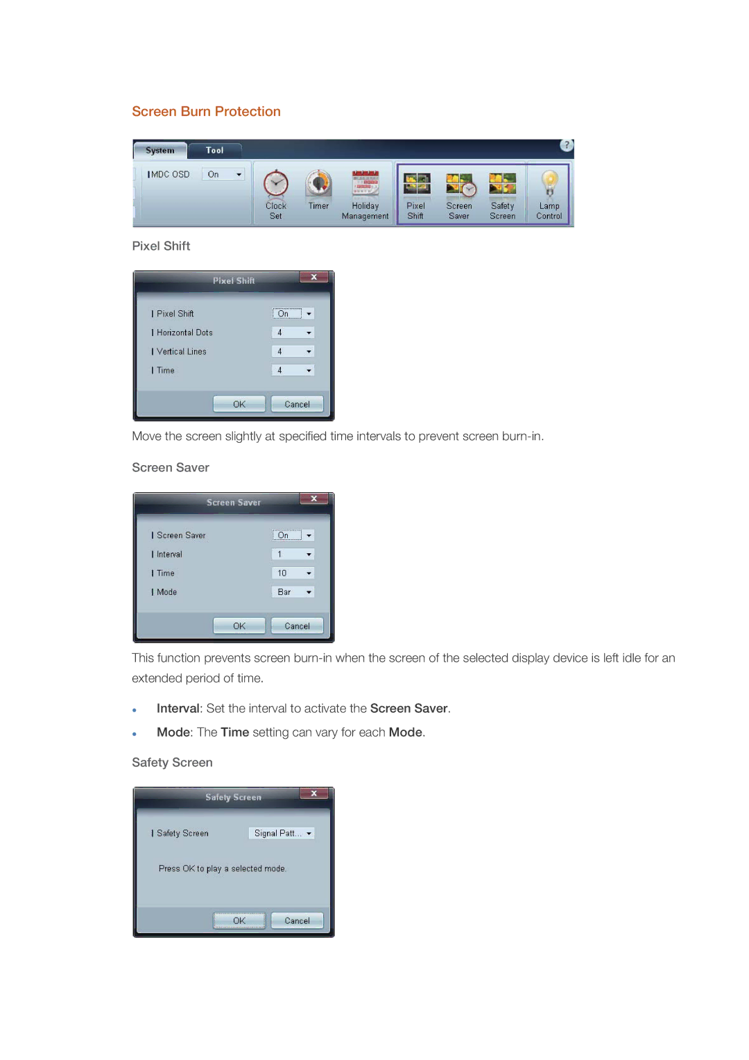 Samsung OL46B specifications Screen Burn Protection, Pixel Shift, Screen Saver, Safety Screen 