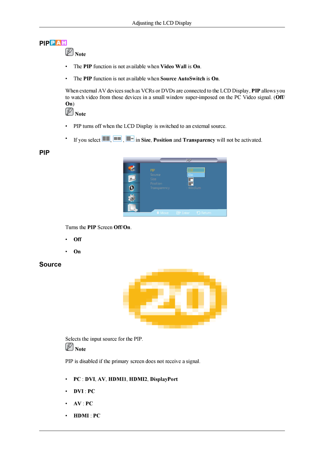 Samsung OL46B specifications Source, Off, PC DVI, AV, HDMI1, HDMI2, DisplayPort DVI PC AV PC 