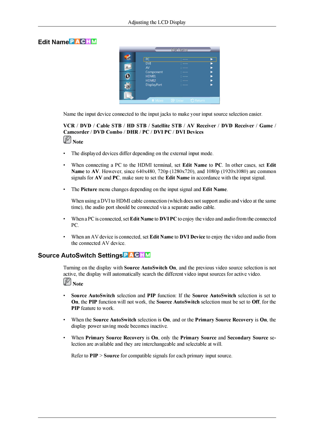 Samsung OL46B specifications Edit Name, Source AutoSwitch Settings 