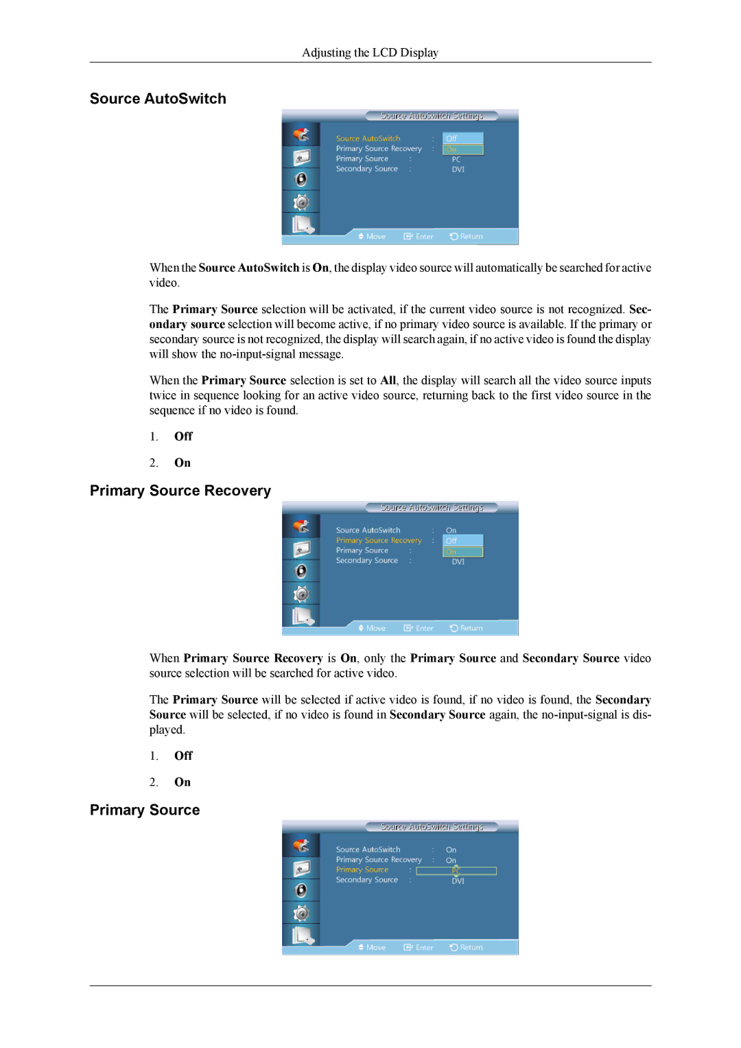 Samsung OL46B specifications Source AutoSwitch, Primary Source Recovery 